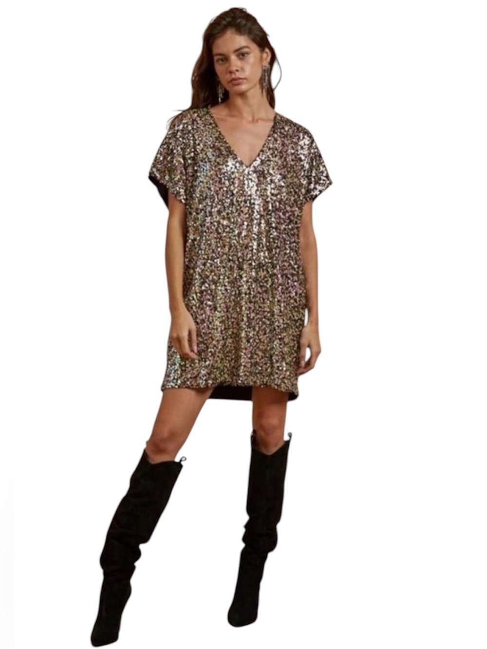 By Together - Sequin V-Neck Shift Dress in Rose Gold Multicolor Sequin - Size Sm